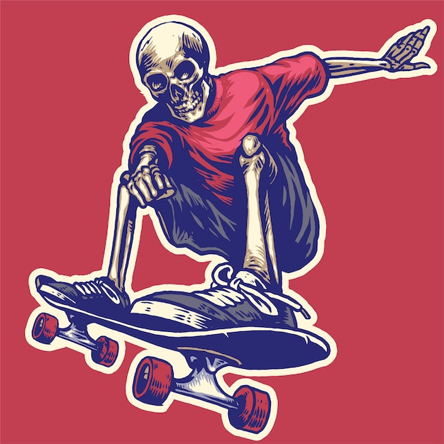 Hand drawing style of skull riding a skateboard