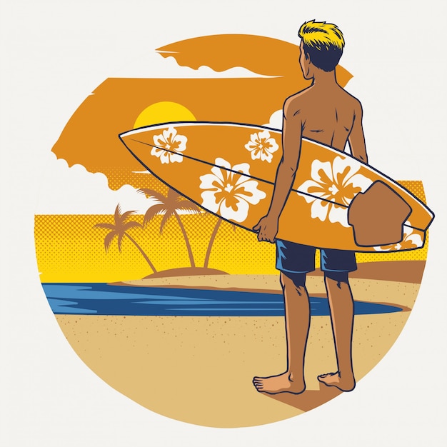 Vector hand drawing surfer with the surfboard