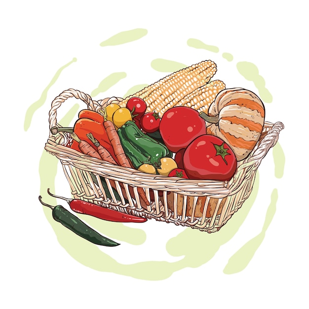 Vector hand drawing of sweet potatoes, potatoes, pumpkin and carrots in a wicker basket