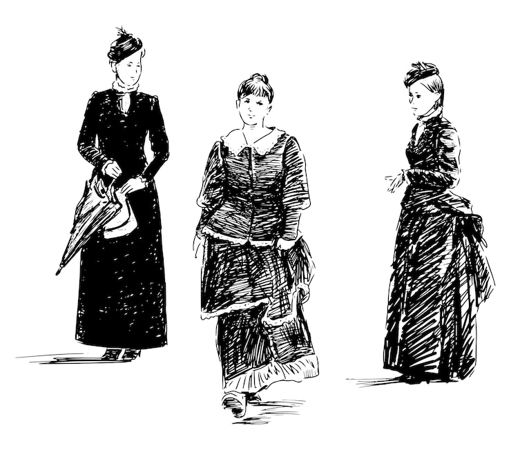 Vector hand drawing of three women in retro dresses of 19th century