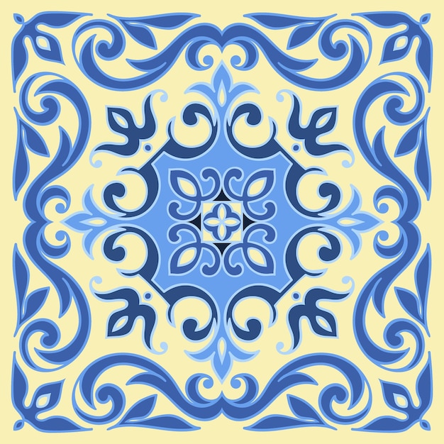 Hand drawing tile pattern in blue and yellow colors Italian majolica style