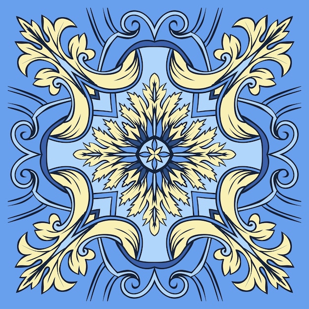 Hand drawing tile pattern in blue and yellow colors Italian majolica style