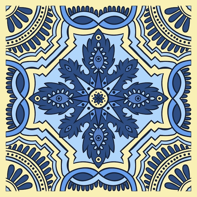 파란색과 노란색 색상의 손 그리기 타일 패턴 이탈리아 마졸리카 스타일