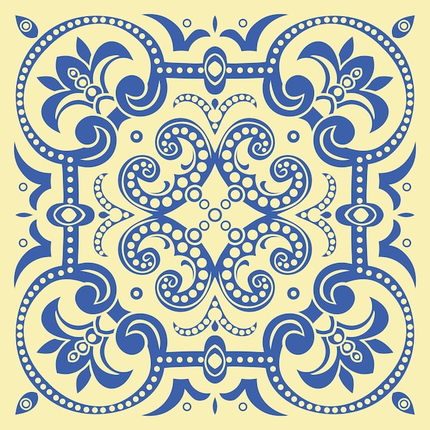 Hand drawing tile pattern in blue and yellow colors Italian majolica style