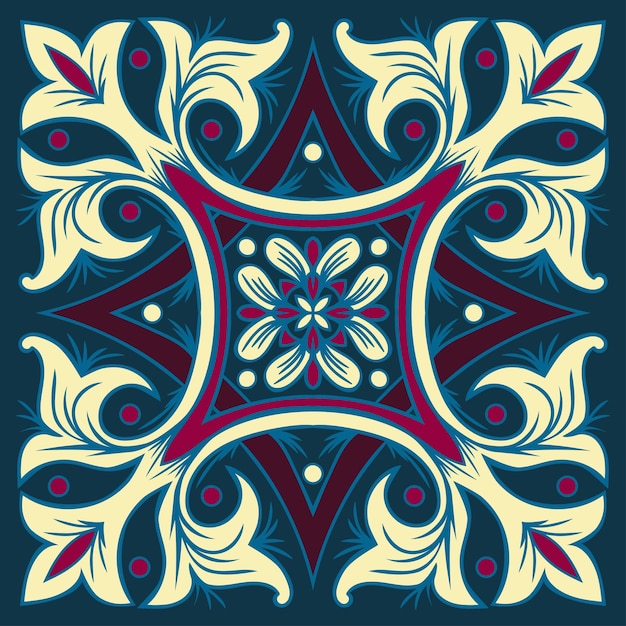 Hand drawing tile pattern in dark blue purple and yellow colors Italian majolica style