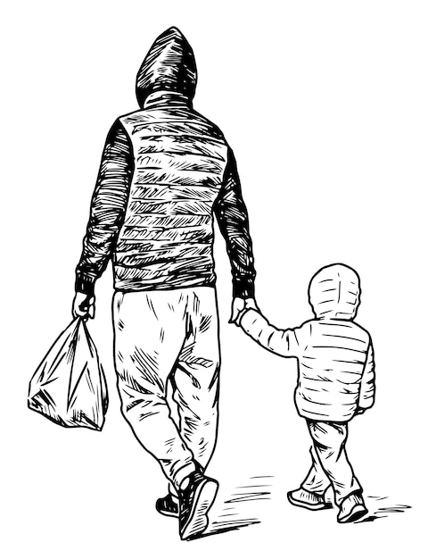 Hand drawing of townsman with his kid walking outdoors