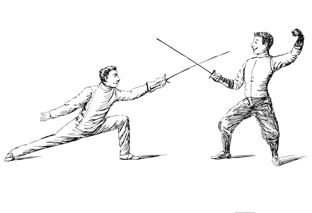 Disegno a mano di due duellanti che combattono con le spade