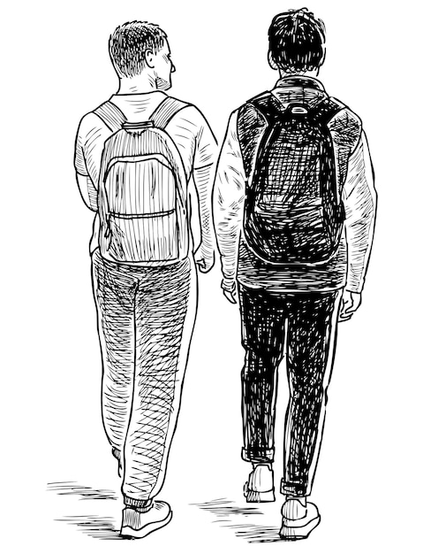 学校に行く 2 人の学生少年の手描き