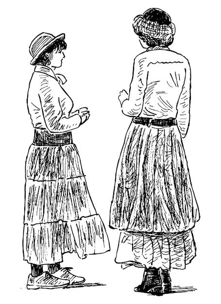 Hand drawing of two young women in retro country costumes from late 19th century standing and talking