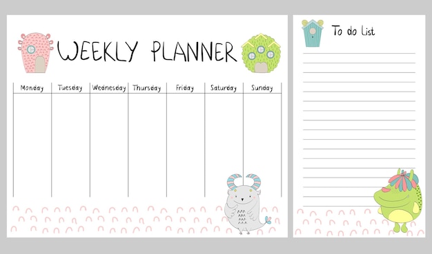 Vector hand drawing vector weekly planner with monsters