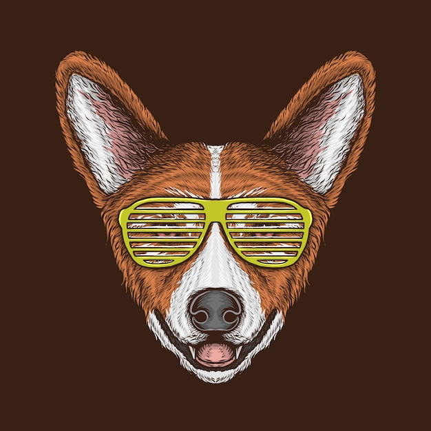 Vector hand drawing vintage corgi head with sunglasses illustration