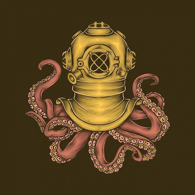 Vector hand drawing vintage diver helmet octopus vector illustration