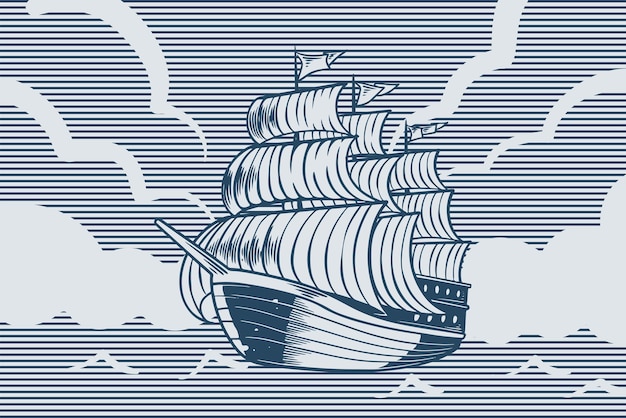 Vector hand drawing vintage sailboat sea ocean theme