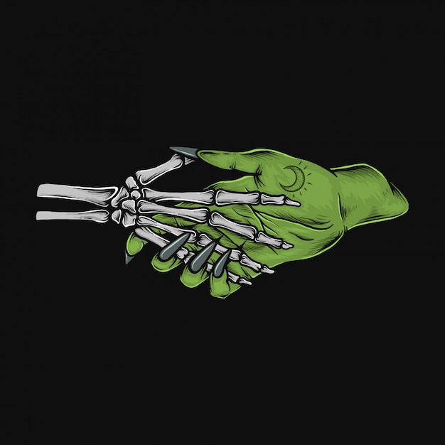 Vector hand drawing vintage skeleton handshake with the witch illustration