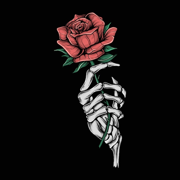 Vector hand drawing vintage skeleton holding flower  illustration