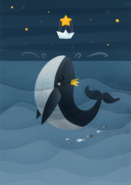 Vector hand drawing vintage whale jump to the star illustration. eps10