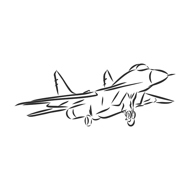 Рука рисунок военный самолет, истребитель, векторная иллюстрация cketch