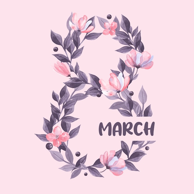 Hand Drawing Watercolor Illustration of March 8th International Women's Day Eight Flowers