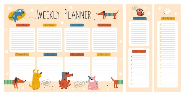 hand drawing weekly planner with dogs vector illustrations
