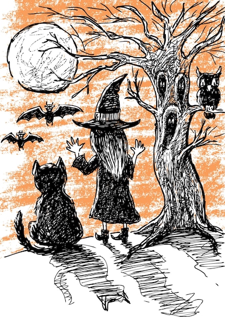 Disegno a mano della strega con il gatto nero nella notte di halloween