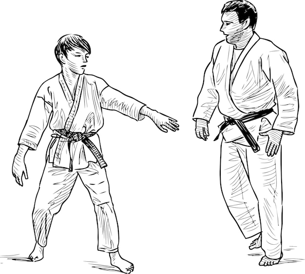 Hand drawing of wrestling coach and his teen student in training combat