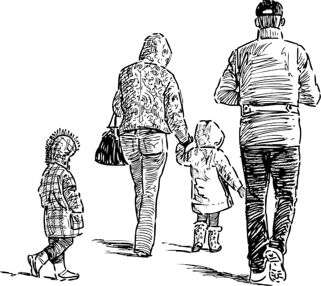 散歩のために歩いているヨン家族の手描き