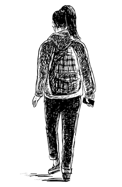 Hand drawing of young city girl with backpack and smartphone walking outdoors alone