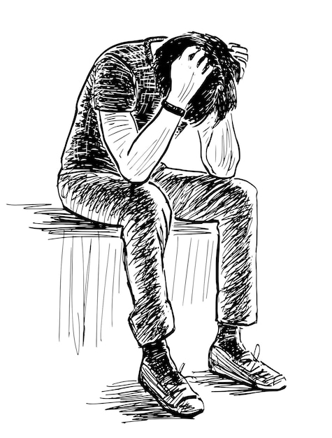 Vettore disegno a mano di giovane uomo disperato seduto nel pensiero da solo