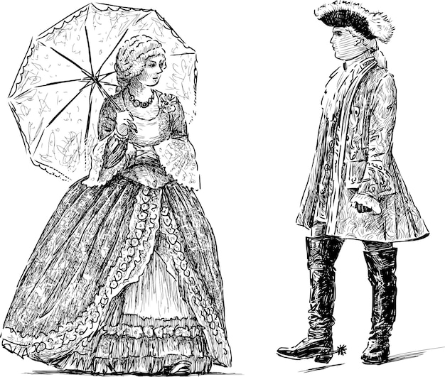 Вектор Ручные рисунки пары знатных людей в исторических костюмах 18 века