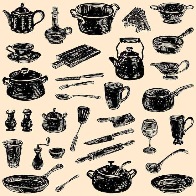 Hand drawings of silhouettes various kitchenware