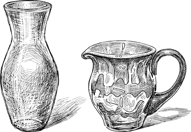 Vector hand drawings of the various glasses vases