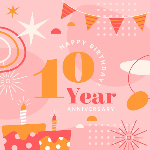 Vector hand drawn 10 years anniversary or birthday card