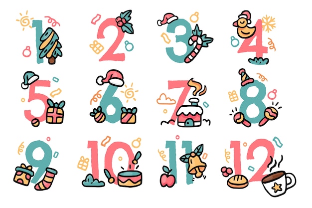 Hand drawn 12 days of christmas illustration