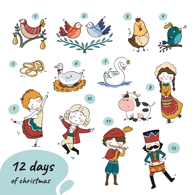 Vector hand drawn 12 days of christmas illustration