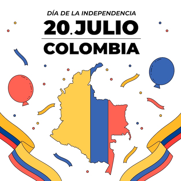 Vettore illustrazione del 20 de julio disegnata a mano con mappa colombiana e palloncini