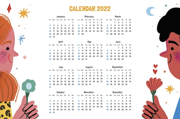 Modello di calendario 2022 disegnato a mano