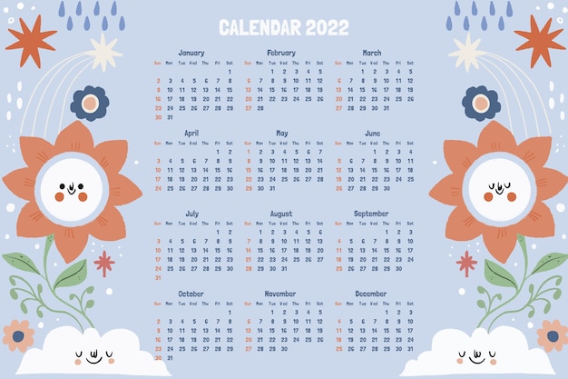 Vettore modello di calendario 2022 disegnato a mano