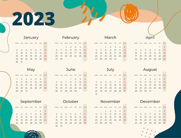 Vettore modello di calendario annuale 2023 disegnato a mano