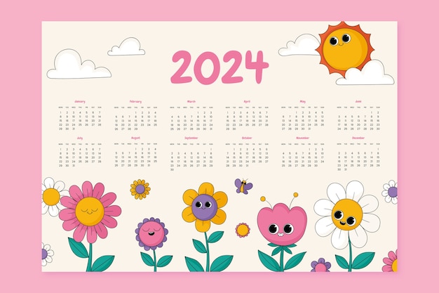 Vettore modello di calendario per il 2024 disegnato a mano