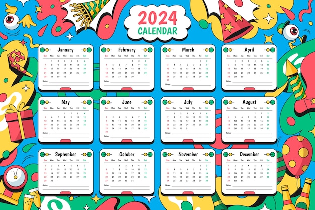 Vettore modello di calendario 2024 disegnato a mano