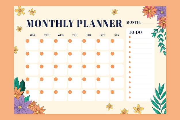 Hand drawn 2024 monthly planner template with flowers