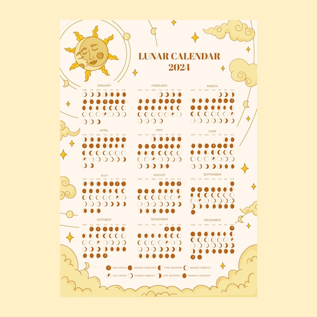 Vector hand drawn 2024 moon calendar template with esoteric elements