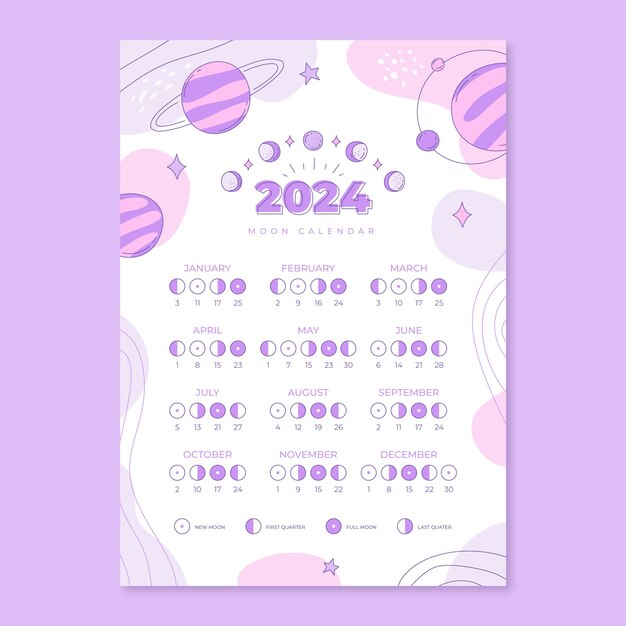Free Vector Hand drawn 2024 calendar template with esoteric elements