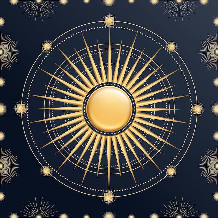 Vector hand drawn 3d glossy golden sun sunburst starburst light rays bohemian round symbol bursting sun rays magic talisman antique style boho logo vector illustration isolated on blue background