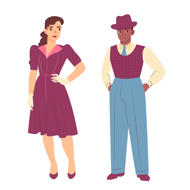 hand drawn 40's decade characters illustration