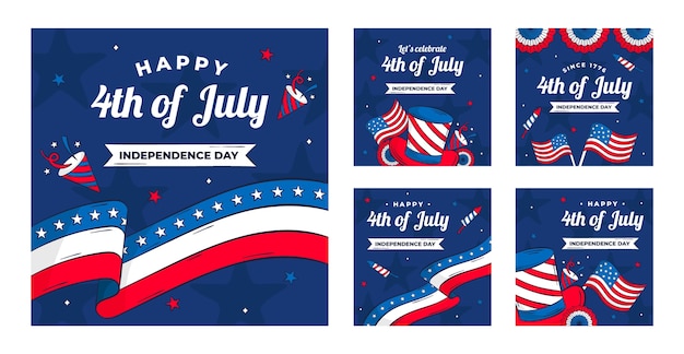 Vector hand drawn 4th of july instagram posts collection