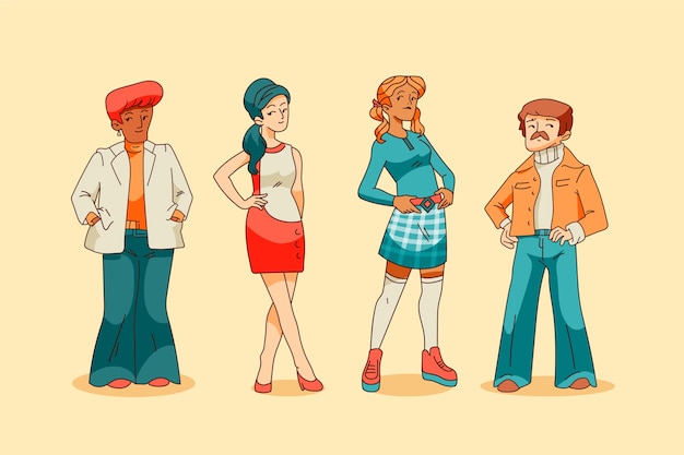 벡터 hand drawn 60's decade characters illustration