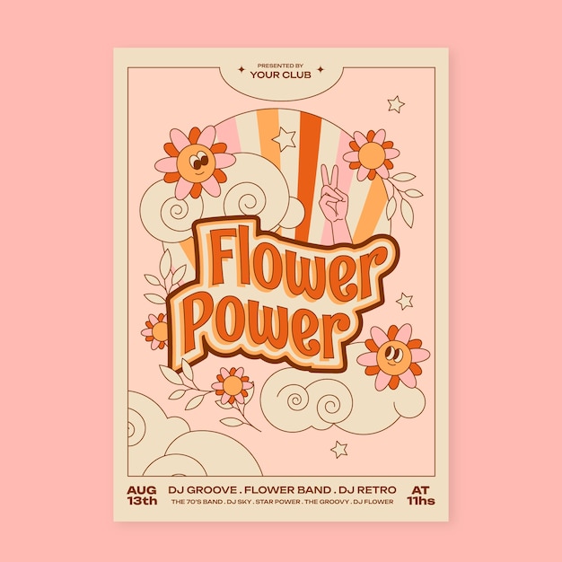 Vector hand drawn 70s style poster template