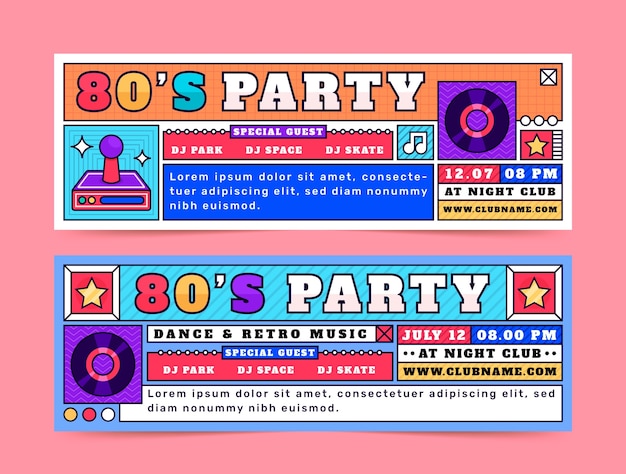 Vector hand drawn 80s party horizontal banner