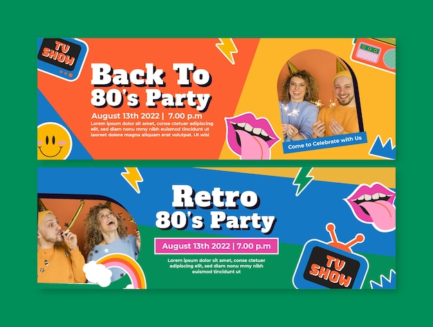 Vector hand drawn 80s party horizontal banner